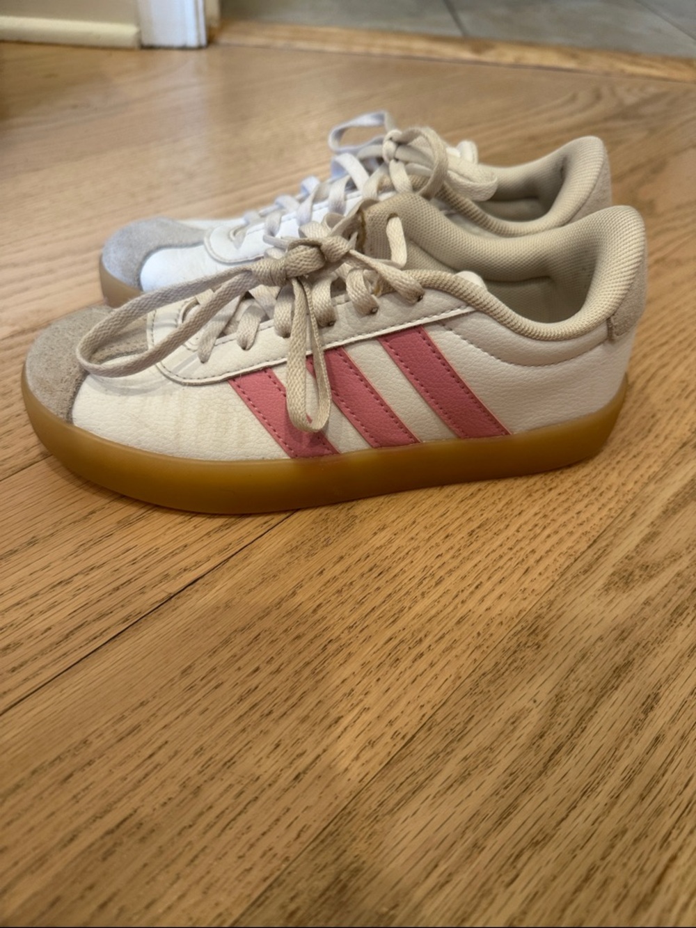 adidas Kids White Sneakers with Pink Stripes and Gum Sole